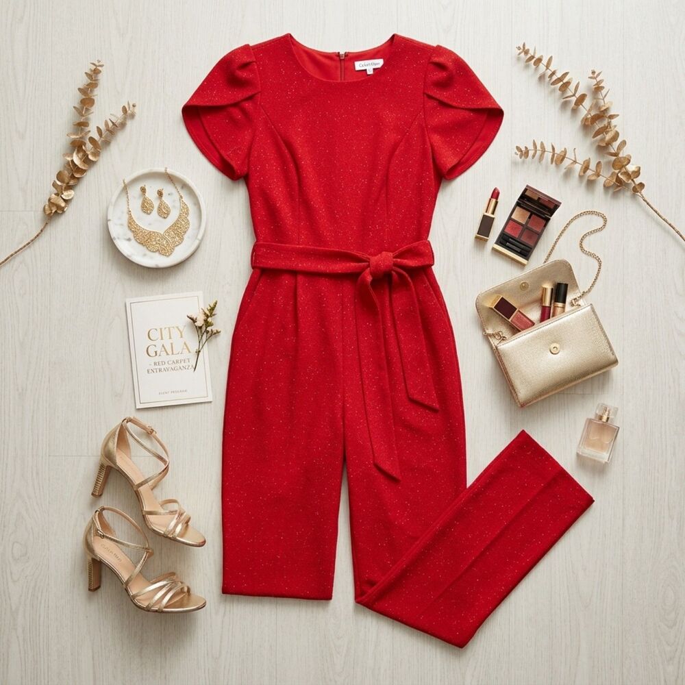 Calvin Klein Red Sparkle Jumpsuit Size 12 Holiday NYE Party Wide Leg